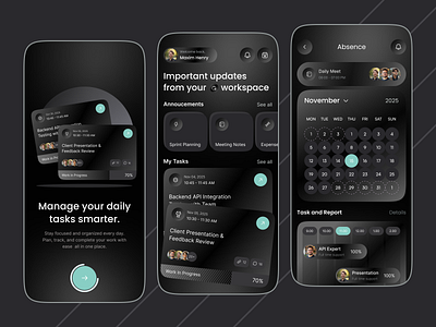 Smart Productivity, Daily Task & Calendar Management App android ui calendar app corporate app course app dark mode dashboard design ios ui minimal design mobile app modern ui productivity app project management schedule planner task management task management app team collaboration uiux design workflow management