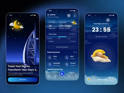 Sleeply – AI Sleep Tracker App UI ai app design bedtime tracker calming design dark mode health app ios app mobile app night mode ui sleep app sleep tracker tracker app uiux design
