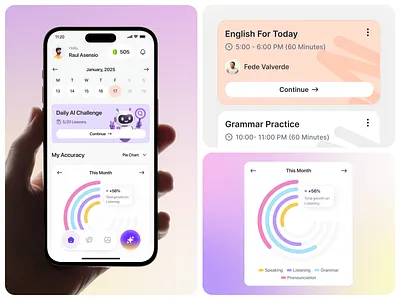 Fluen AI - AI Language Learning App - Homepage ai ai assistant application bento course education education platform edutech elearning homepage language learning app lesson lms mobileapp practice statistics subscription tutor uiux