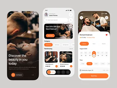 Barber Shop Mobile App – Style, Book, Look Sharp app appdesign appointmentapp barberapp barbershop barbershopui bookingapp dribbble groomingapp iosdesign mobile app mobileappdesign modernapp salonapp uidesign uxdesign
