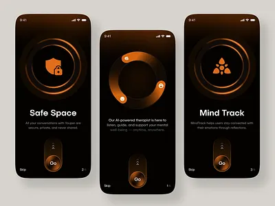 Onboarding Screen - AI Powered Mental Therapy Mobile App ai ai app ai journal ai therapy dark app ios mental health app mental support mood tracker onboarding self care app wellness app