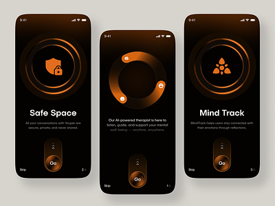 Onboarding Screen - AI Powered Mental Therapy Mobile App ai ai app ai journal ai therapy dark app ios mental health app mental support mood tracker onboarding self care app wellness app