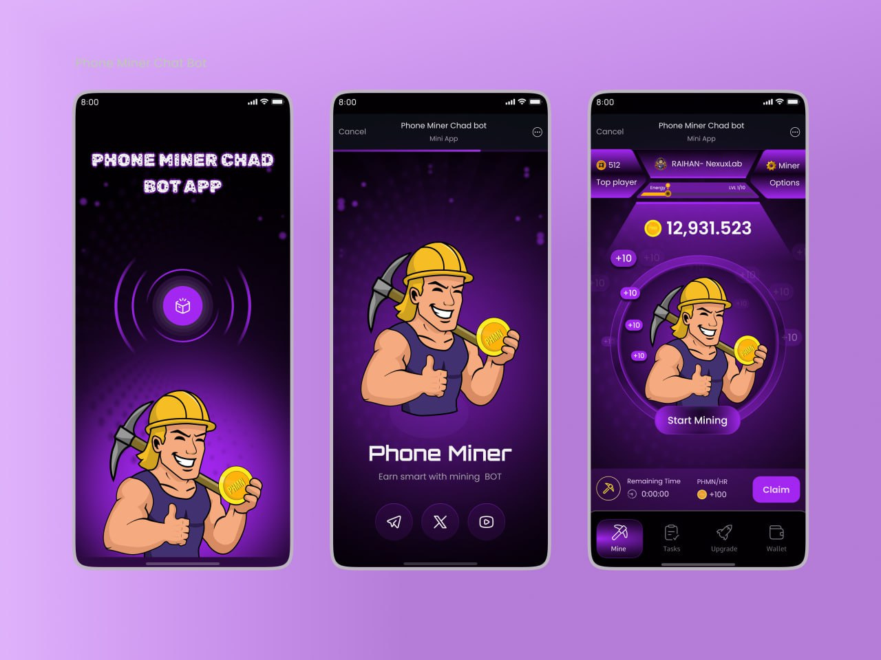Phone Miner Chad Bot App – Crypto Mining UI Design app design blockchain bot app concept design crypto crypto mining cryptocurrency dark ui fintech gradient ui neon design product design telegram bot app ui design web3