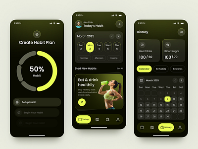 Habit Tracker App — Smart Health & Fitness Planner UI Design app design fitness app fitness planner goal tracker habit tracker health app health tech lifestyle app mobile mobile app neon ui productivity app tracker app ui design wellness app