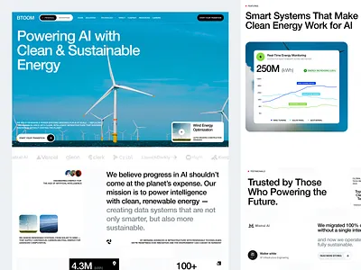 BTOOM - Clean Energy for AI Landing Page 🍀 ai artificial intelligence clean clean energy design electricity energy geothermal green energy landing page simple solar ui ux website wind