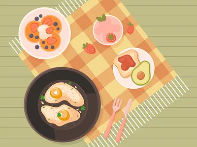 Цветной завтрак adobe illustrator authors practice breakfast comfort composition creativity design digital art eggs food fruit graphics illustration picnic plaid smoothies texture vector visual style