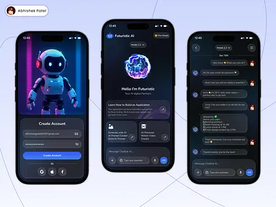 Futuristic AI Chatbot App – Modern Dark UI Design aiappdesign aiassistant aichatbot aiux appconcept appinterface chatbotui darktheme digitalassistant figmadesign futuristicui glassmorphism interactiondesign mobileappdesign neumorphism productdesign saasapp techdesign uidesign uxdesign