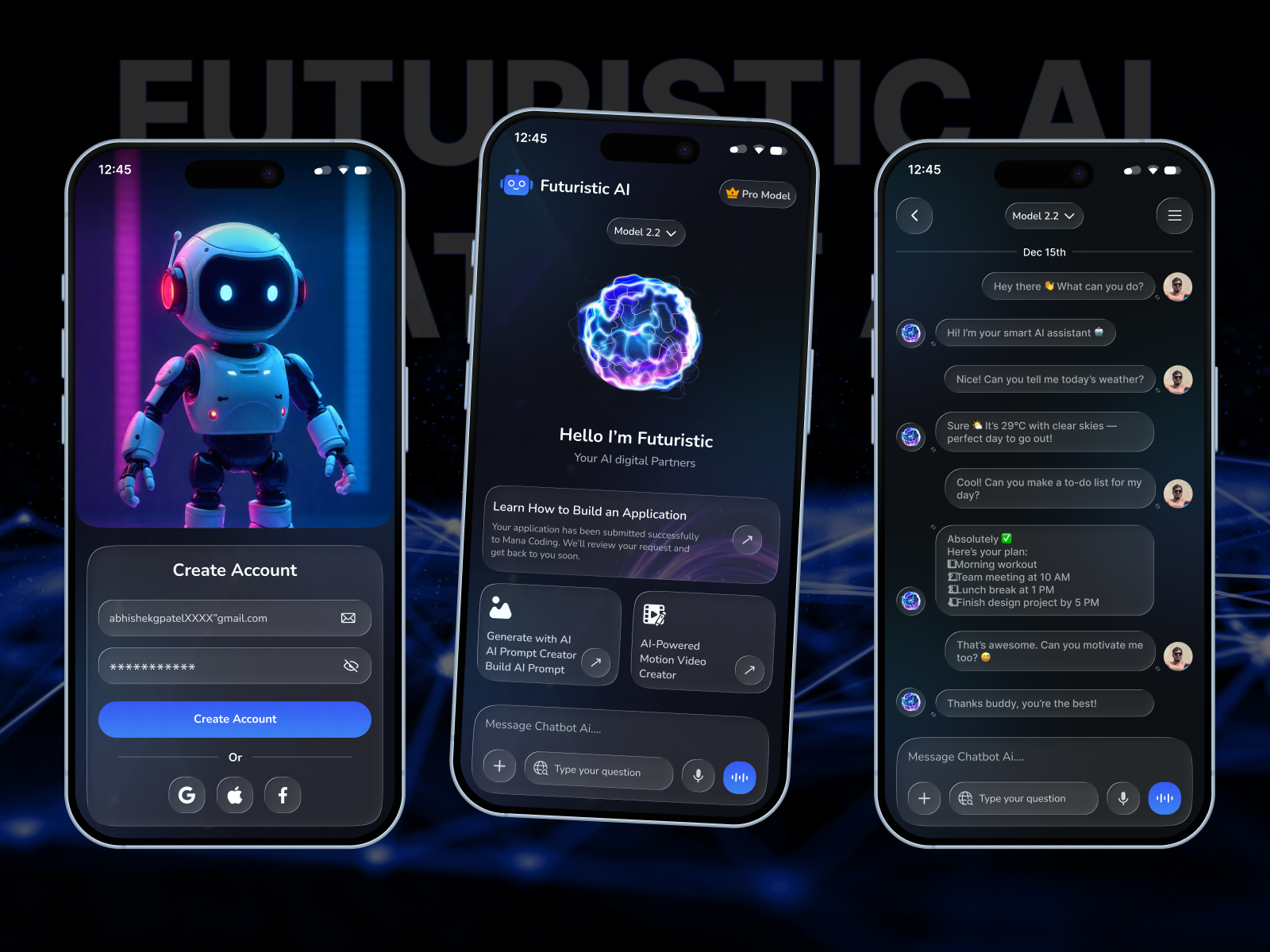 AI Chatbot App – Modern Dark UI Design ai ai chatbot app design artificial intelligence chat ui chatbot dark mode dark ui dashboard ui futuristic ui glassmorphism messaging app minimal design mobile app design modern ui neumorphism product design saas design ui design ux design