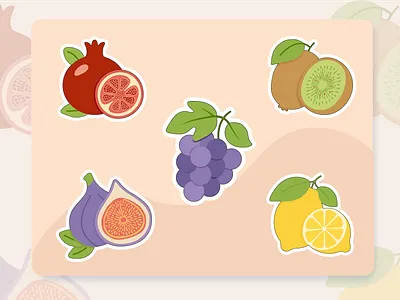 Фруктовая коллекция: авторские стикеры adobe illustrator authors work composition creativity design digital art figs food fruits grapes graphics illustration kiwi lemon pomegranate stickers vector visual style