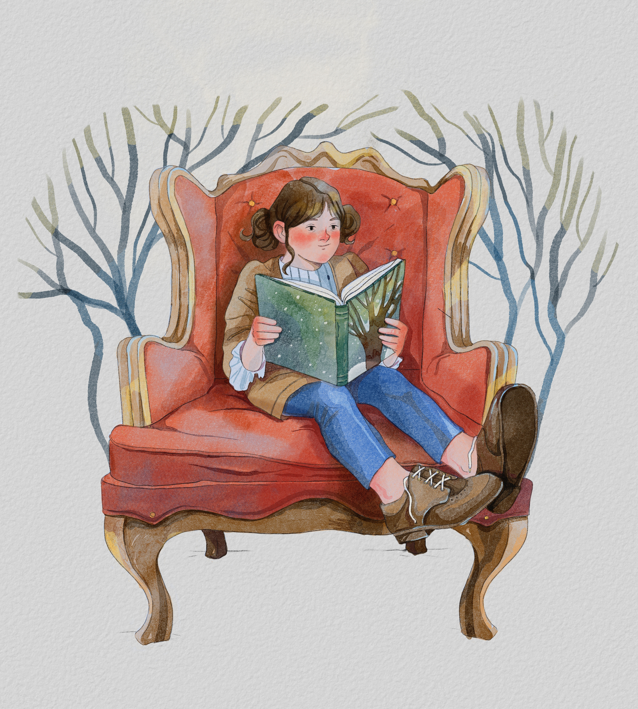 imagination book cartoon character child digital drawing fairytale forest girl illustration paper reading retro style tree vector vintage watercolor winter