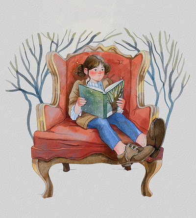 imagination book cartoon character child digital drawing fairytale forest girl illustration paper reading retro style tree vector vintage watercolor winter
