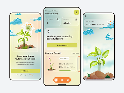 Focus & Productivity App UI Design – Growee app card clean ui design focus app gamification glass glass effect growth design illustration mindfuldesign plant app productivity app ui uidesign ux vector