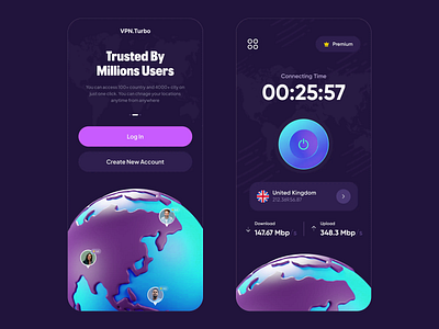 🔐 VPN Turbo – Secure Connection, Seamless Experience appconcept appui darkui designportfolio dribbbleshot figmadesign interactiondesign interfacedesign mobileappdesign neumorphism productdesign uidesign uiux uxdesign vpnapp