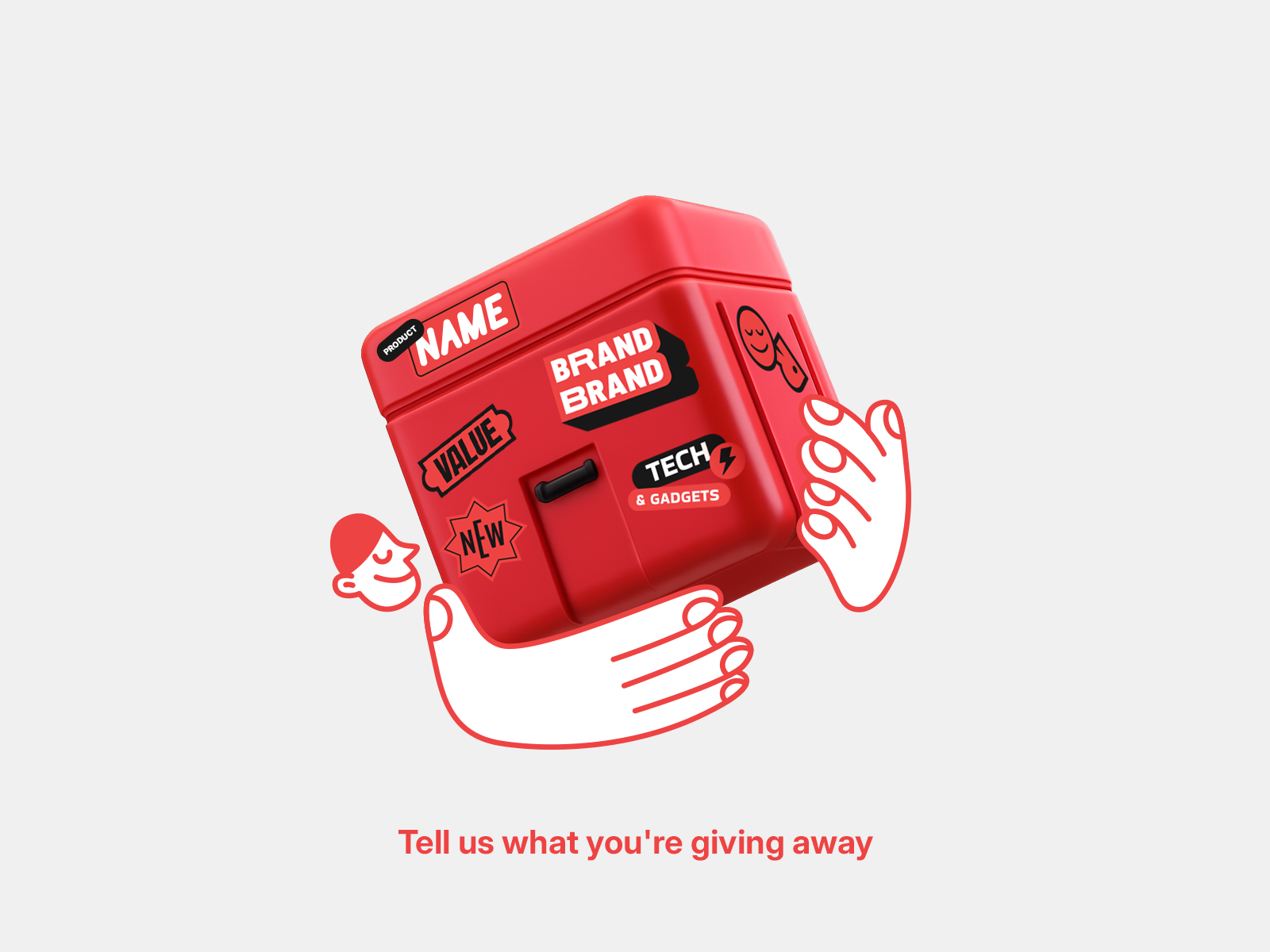 Giveaway Flow - Step 1 - v1 1 3d box description design giveaway hands holding icon illustration lines man mistery box step stickers tell us ui vector wip work in progress