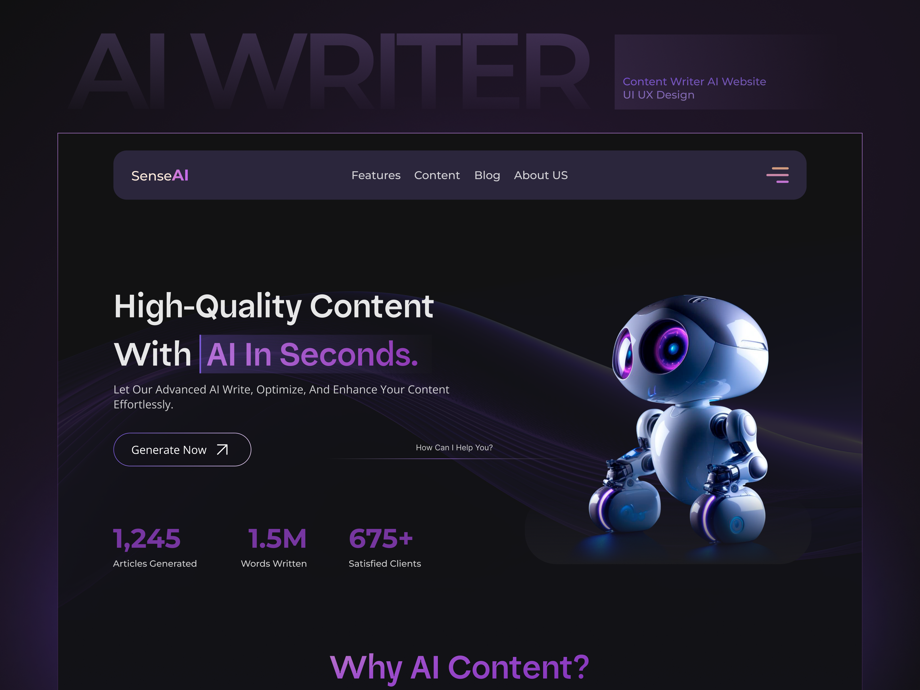 AI Content Generator Website UI/UX Design ai website ai website design dark theme landing page design minimalist ui design product design saas product ui uiux uiux design ux ux design web design
