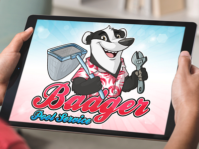 Animal Pool Service Logo Design, Badger Mascot Illustration 2d badger beehaya branding cartoon cute design graphic design illustration logo mascot mockup pool vector wrench
