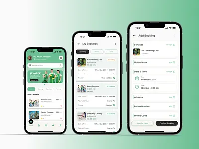 Home Service App — Book, Relax, and Let Nature Work for You clean clean mobile clean ui cleaning house cleaning service cleaning service mobile cleaning servicee green design green ui mobile home service home service app home service mobile homepage mobile light design mobile app service home ui green ui mobile design