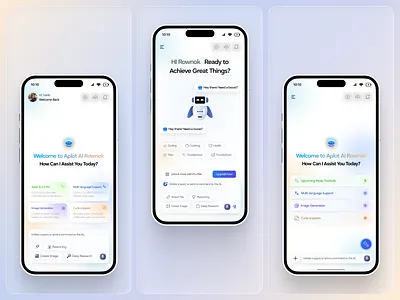 Smart Assistant Mobile UX – Clean iOS Screens for Productivity ai app design ai assistant category chips chat ui chatbot app chatgpt clean interface command bar ui dribbble trending feature cards floating action button gradient ui ios app design light mode ui mehbubur rahman mobile app mobile ui modern mobile app smart assistant trending ui