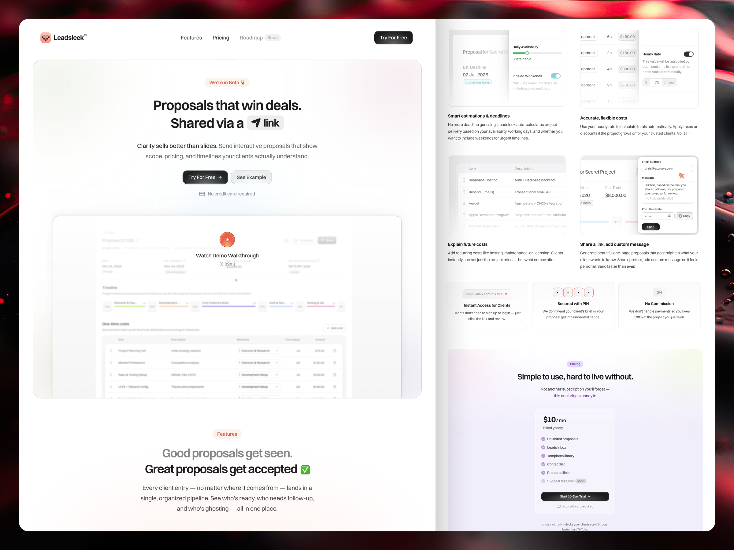 Leadsleek - Proposals that win deals. bento beta calculator editor estimation figma hero landing landing page milestones minimal pricing proposal quote templates video web design website