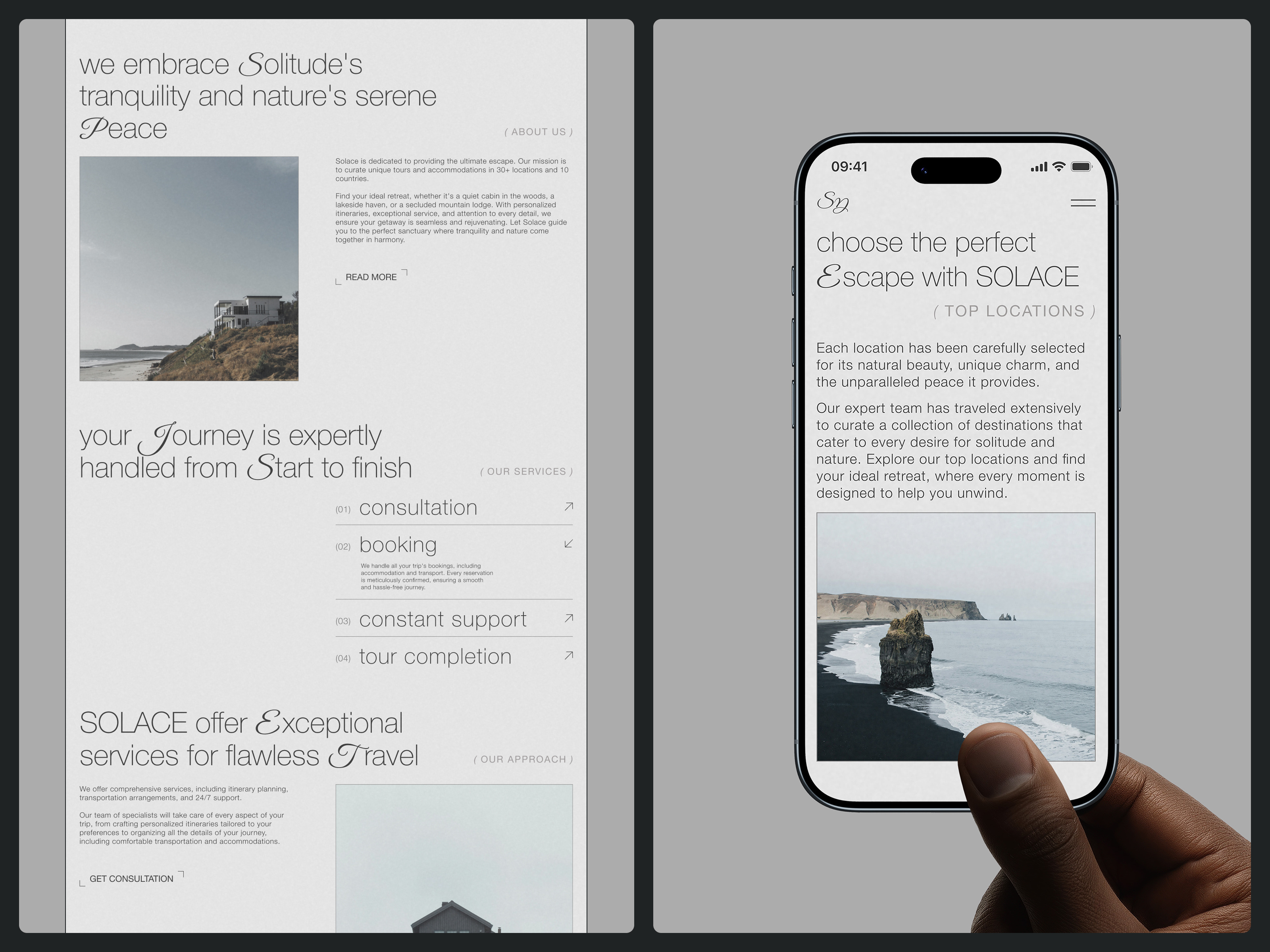 Solace - Travel Agency Website agency classy elegance homepage tour travel trip ui user experience user interface ux uxui web webdesign website