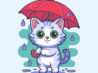 Adorable Rain Kitten Mascot with Umbrella animal cartoon cartoon character cat mascot character childrens brand cute cute kitten happy illustration mascot merchandise pet illustration rain theme umbrella vector art whimsical