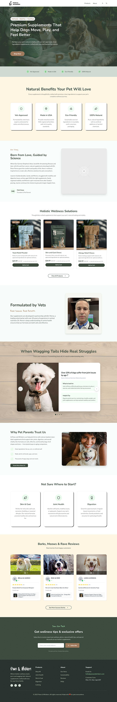 Paws & Whiskers – Pet Wellness E-Commerce Website Concept branding corporate design ecommerce figma modern pet shop ui ux web design website website design website development wisdmlabs wordpress