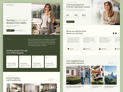 Elegant real estate agent landing page blog cards clean collection design feminine fresh green landingpage light listing minimal properties realestate realestateagent ui ux web webdesign website