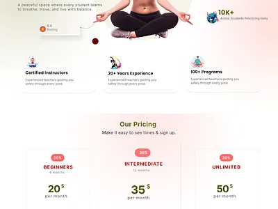 A modern Yoga Website UI – Pricing section and event offer cards animation branding dribbble figma landingpage minimaldesign modernui ui ux webdesign yogadesign