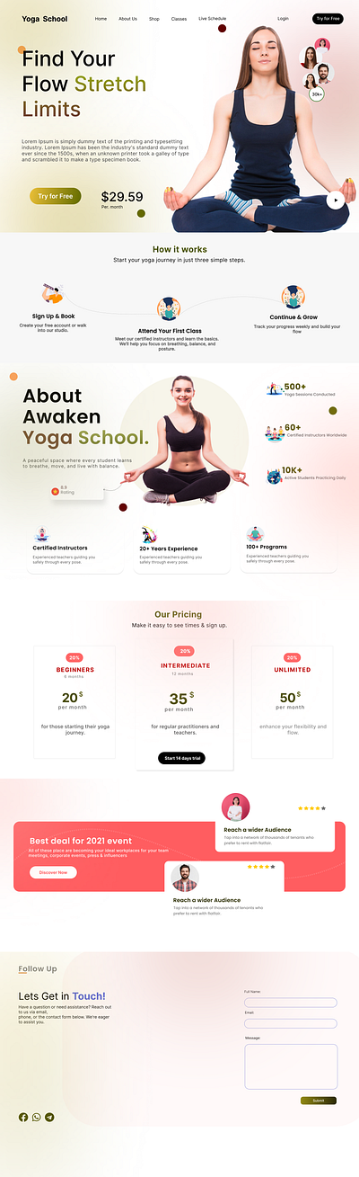 A modern Yoga Website UI – Pricing section and event offer cards animation branding dribbble figma landingpage minimaldesign modernui ui ux webdesign yogadesign