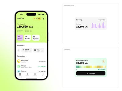 Chargepay app battery cashback electricity energy fintech green limit money payment statistics ui upgrade ux wallet