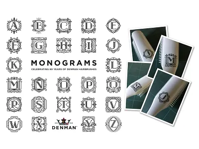 Monograms for Denman Hairbrush 80th Anniversary anniversary art deco barber hair hairbrush hairdressing manufacturing northern ireland typography vector vintage