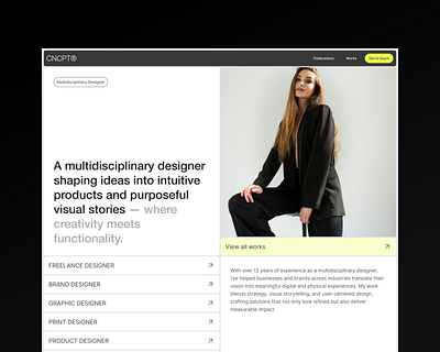 CNCPT® — Designer Portfolio for Modern Creativity award winning designer conversion creative personal website designer portfolio website grid landingpage layout minimalis minimalist website design modern web design multidisciplinary designer product designer portfolio ui uxui portfolio design web