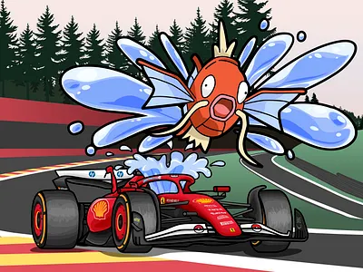 Magikap Crashes a Ferrari f1 formula 1 illustration magikarp pokemon