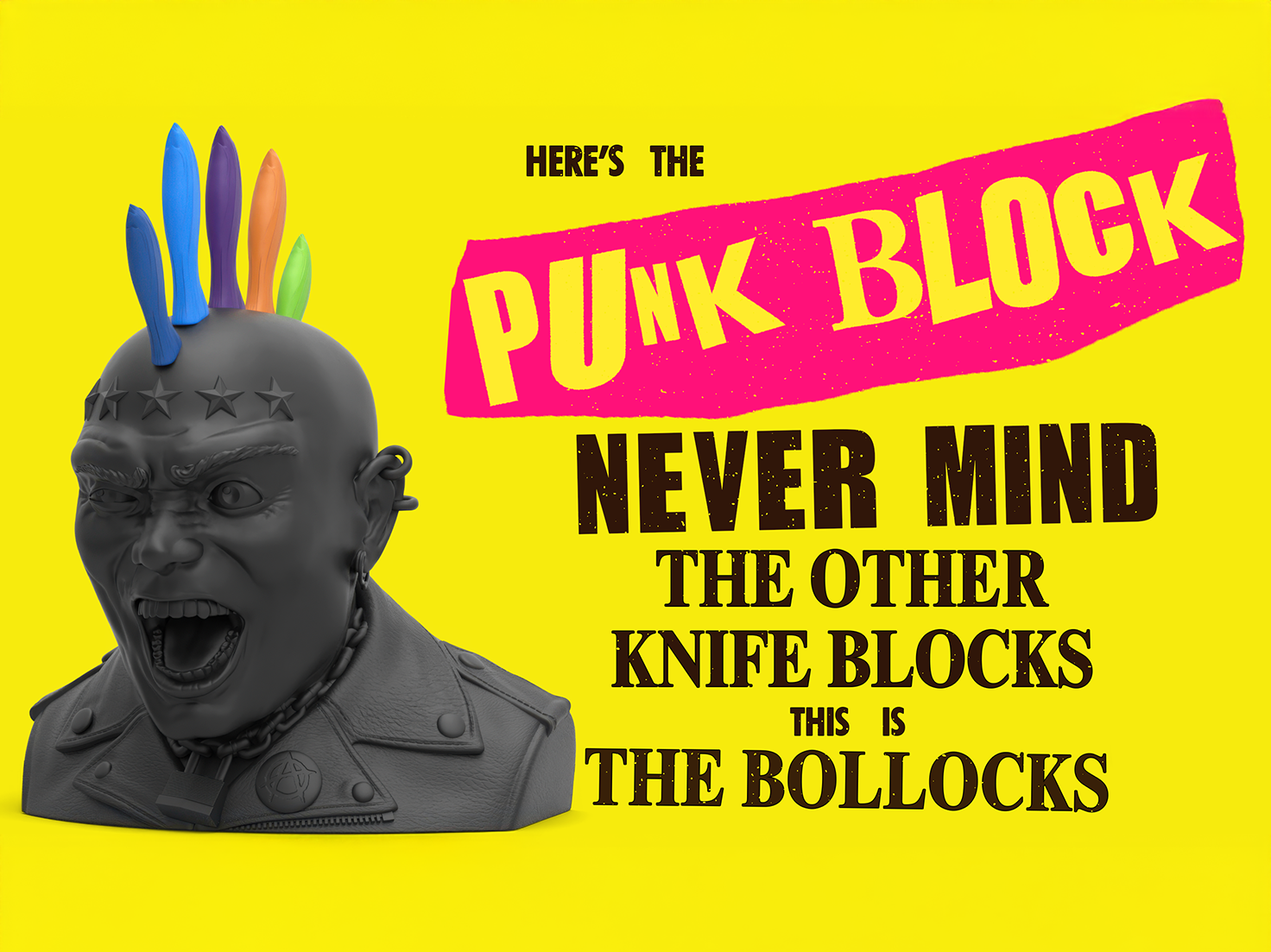 Concept for a punk inspired knife block - Personal Project 3d product visualization ai assisted product rendering anarchic design concept bold product concept design cool kitchenware creative product innovation graphic design parody art industrial and pop art fusion knife block concept art pop culture kitchenware pop culture product design portfolio concept design piece provocative packaging concept punk culture inspired design punk design concept punk rock homeware design rebellious kitchen accessory retro album cover aesthetic sex pistols inspired typography