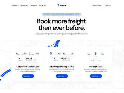 Capacity Management Startup Hero Section capacity management design freight brokers header header cards hero landing page ui ux