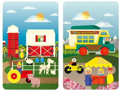 Fisher Price Vintage Playset Illustrations american barn boat camping farm fisher price horse illustration little people picnic pig playset retro toys vector vintage