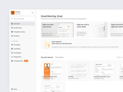 Forma - Resume Builder AI Dashboard ai artificial intelligence clean design dashboard design minimalist portfolio resume resume builder ui ui design uiux