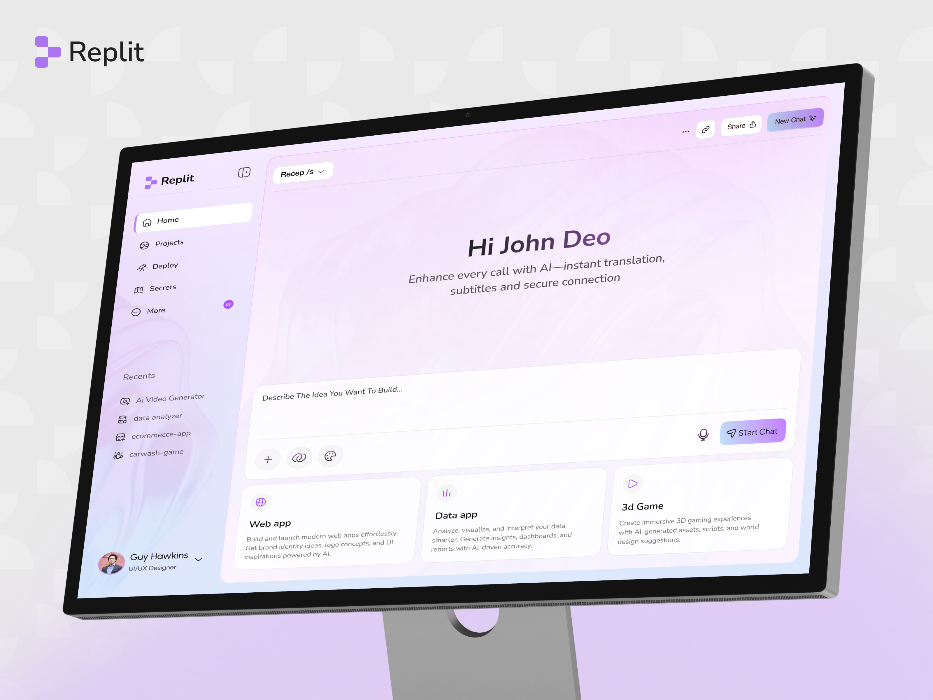 Replit - AI Chat Assistant Dashboard ai dashboard ai interface ai web app ai web dashboard chat assistant chatgpt dashboard design financial dashboard replit ui saas dashboard uiux design vibe coding app web app builder web app ui web design workspace dashboard