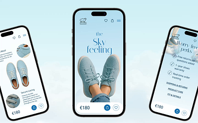 Nuvem Wool Shoes – Mobile E-commerce Product Page UI blue design color blueaesthetic clean design cloud design eco brand ecommerce footwear mobile ui online store product page shoes brand shoes branding sustainable fashion wool shoes