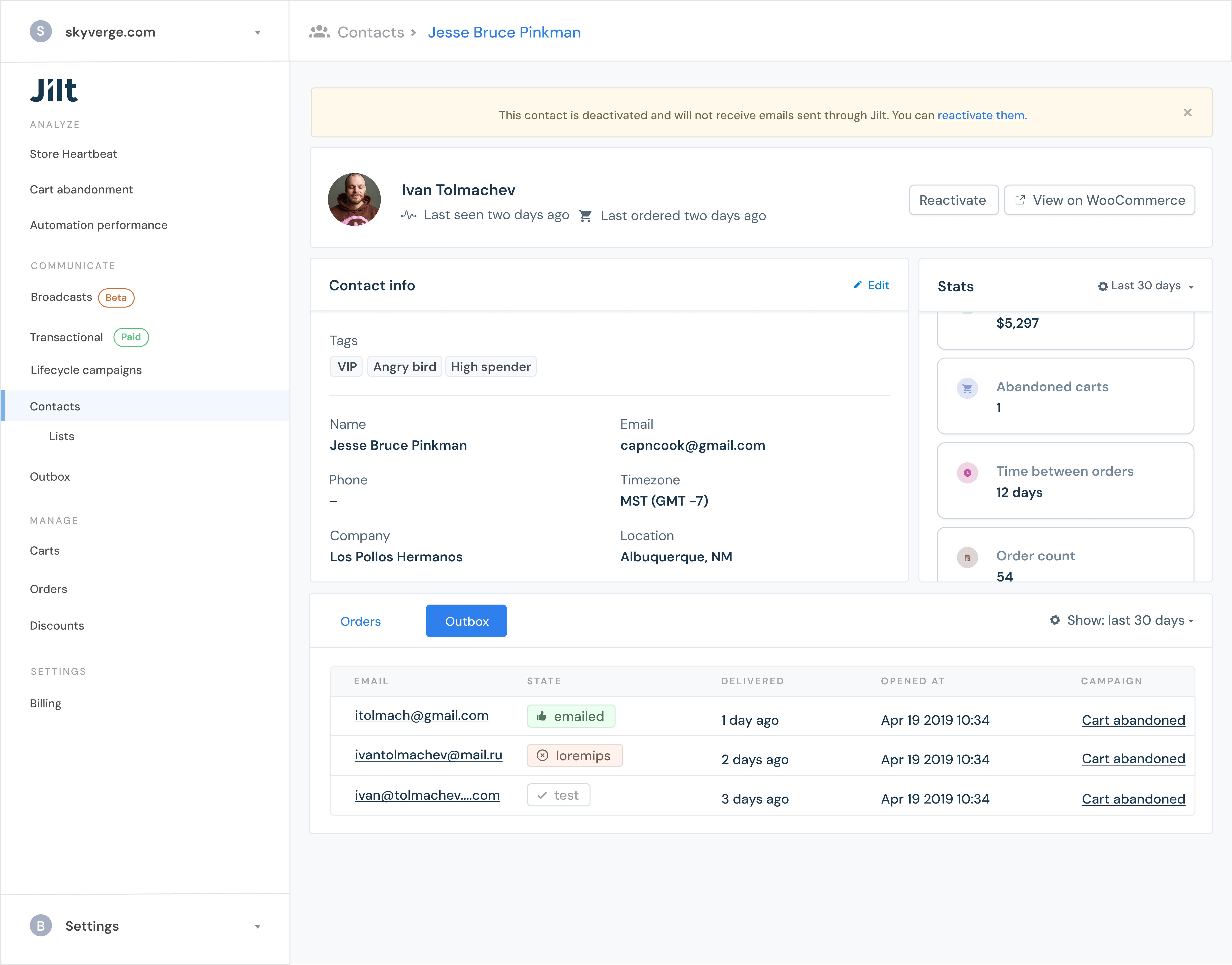Jilt Customer Reactivation button dashboard design ecommerce list navigation ui visual