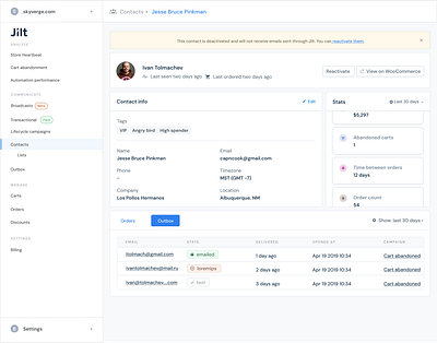 Jilt Customer Reactivation button dashboard design ecommerce list navigation ui visual