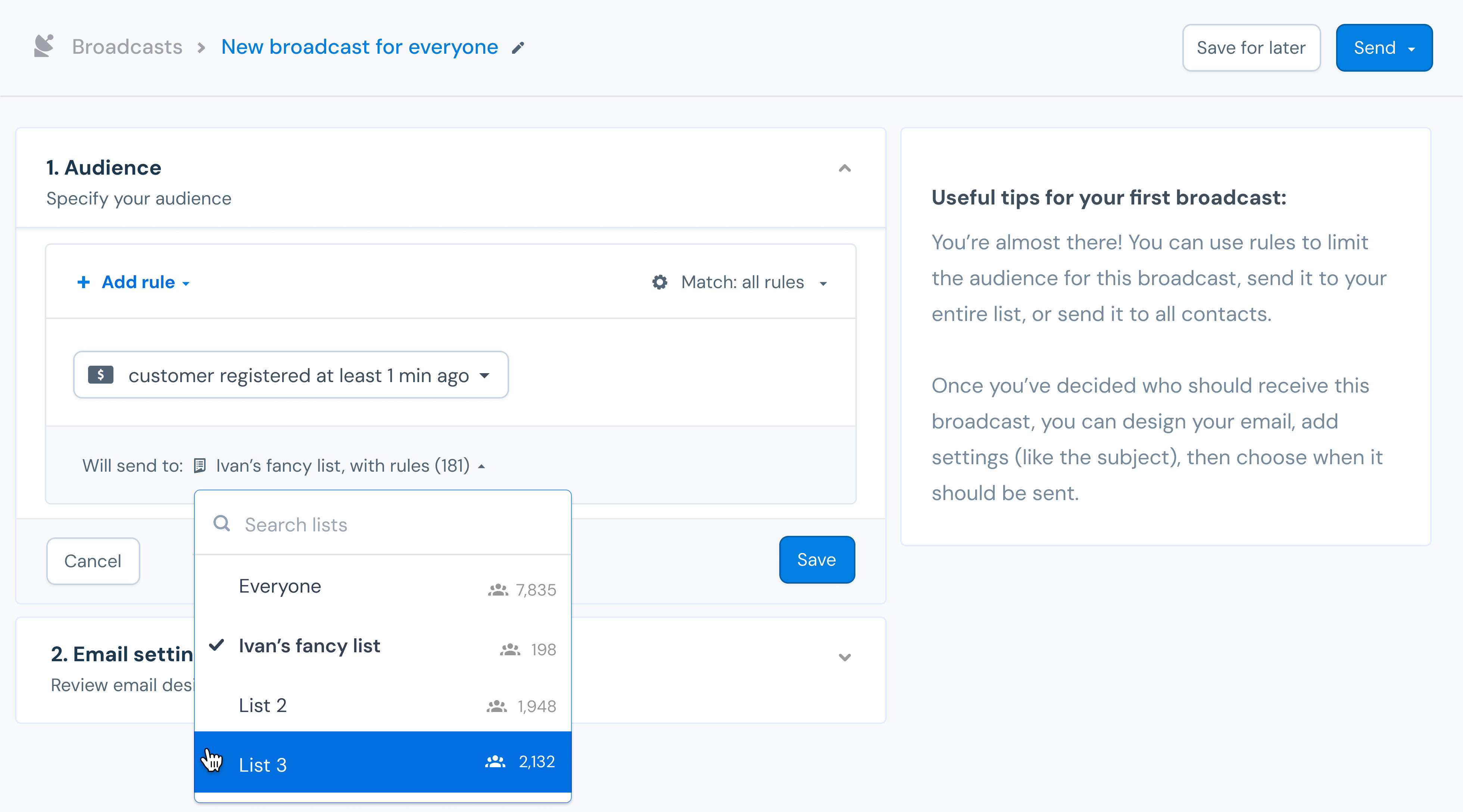 Jilt Broadcasts button dashboard design detail list navigation ui ux