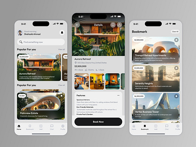 Real Estate Mobile App UI Design app interface architecture app booking app clean design dark and light mode design system elegant interface figma ui home listing house finder luxury homes minimal ui mobile app concept mobile ui design modern app ui property app design real estate app real estate ux ui concept ui ux design