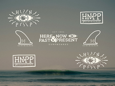 Here & Now, Past & Present Surfboards Logo Set beach logo cream eyeball eyeball logo hand drawn hand drawn logo old school old school logo retro retro logo surf fin surf fin logo surf logo surfboard logo waves west coast logo