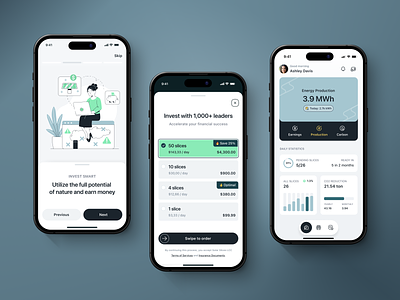 Solar Slice - The iOS App for Renewable Energy Investment 🪄 application appui buy clean co2 components devices energy figma illustration investment ios mobile onboarding purchase renewable solar statistics ui webdesign