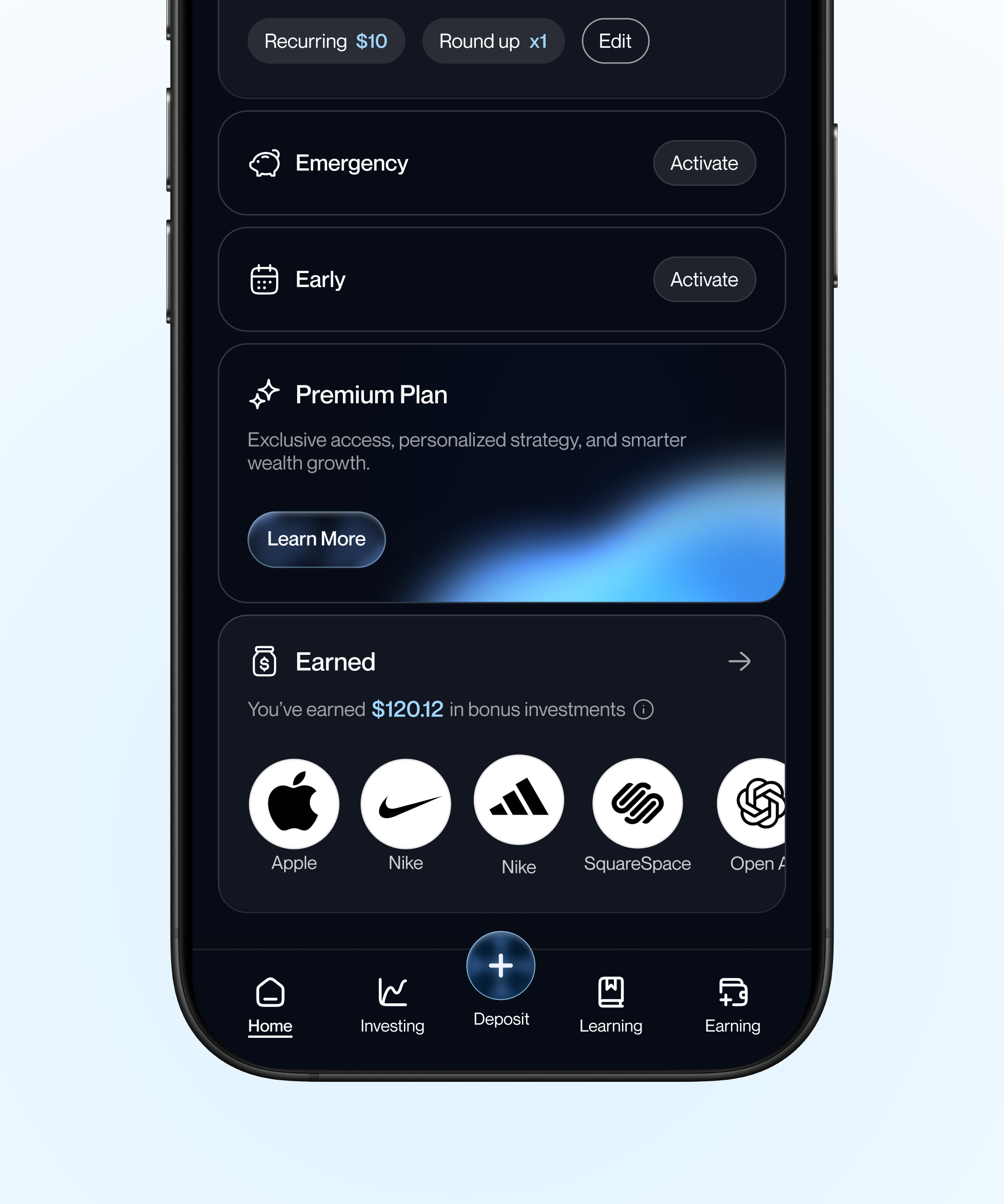 Mobile Money App app blue cash earned figma finance gradient graphic design icon investing mobile money navigation tab ui ux