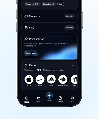 Mobile Money App app blue cash earned figma finance gradient graphic design icon investing mobile money navigation tab ui ux