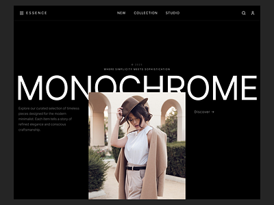 Essence — Monochrome Hero Exploration bold minimal hero brutalism butally minimalistic hero clean modern ui 2025 dark hero dark mode dribbble editorial design hero design hero section inter typo hero landing hero section minimalism hero modern bold ui 2025 monochrometic typography hero ui uiux web design