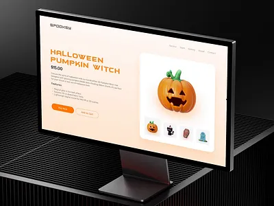Interactive Halloween Product Page UI Design 3d 3d product page aesthetic animated ui clean ui ecommerce ui halloween halloween shop halloween ui interactive website landing page minimal product page product website spooky design ui ui design webdesign website wordpress website