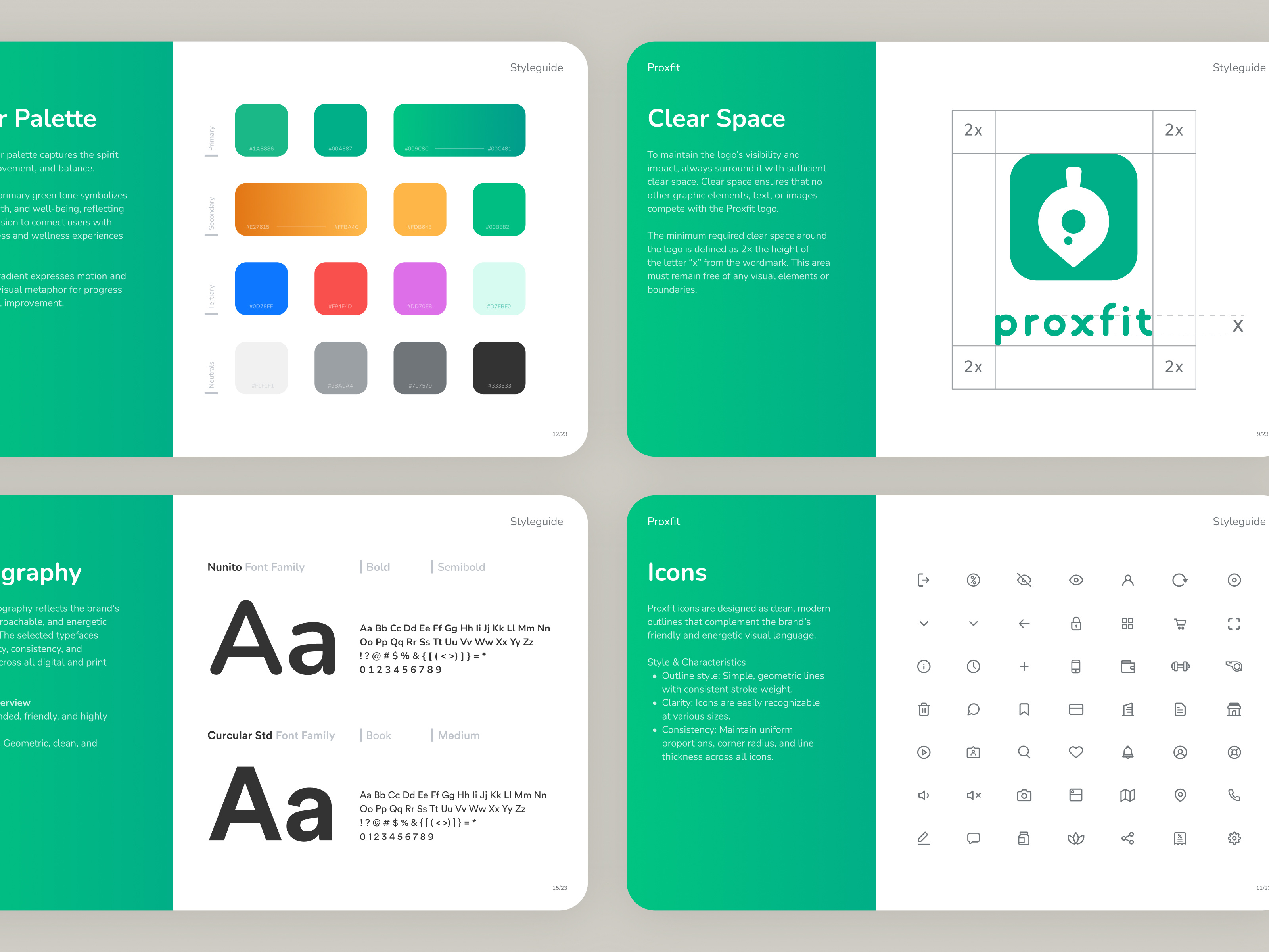 Proxfit – Branding Styleguide for a Healthy Lifestyle App branding fitness ggstudio health icons logo mobile styleguide ui ux wellness